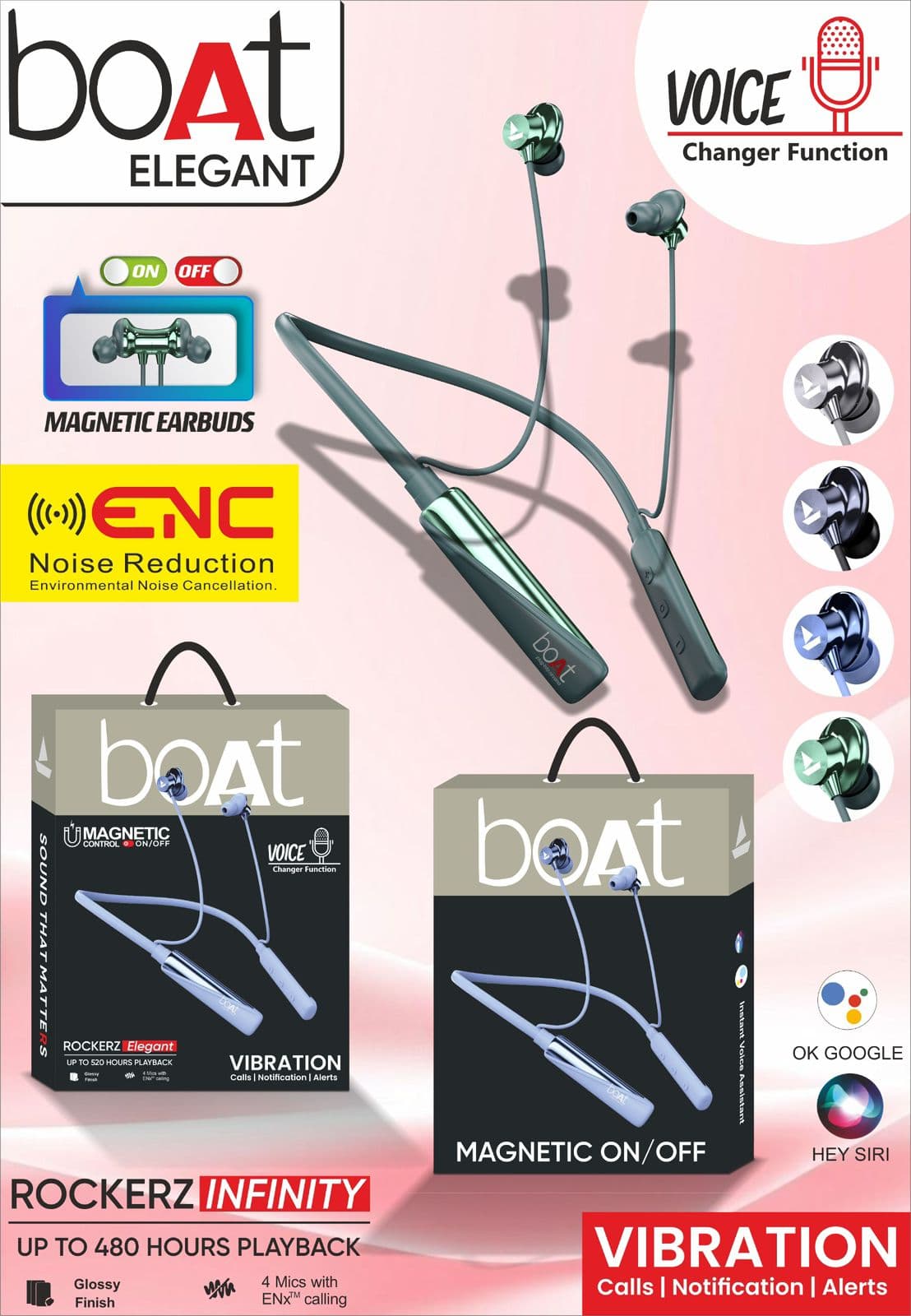 Boat Rockerz {ELEGANT} Magnetic 🧲 On off Voice Change Vibration Double Box Neckband