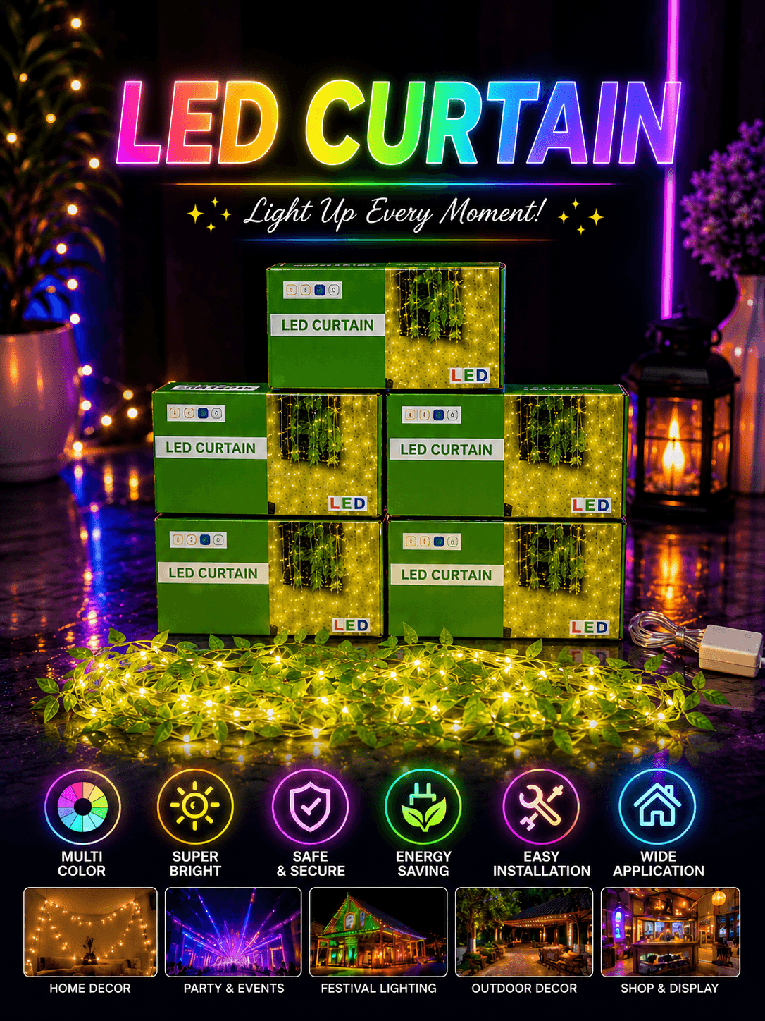 Green Leaf 180 LED Curtain String Lights – Warm White Decorative Fairy Lights for Home, Festivals & Party Decor