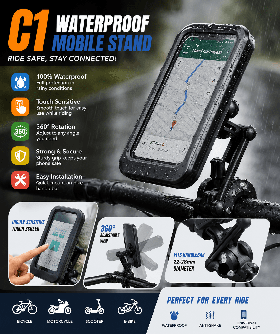 C1 Waterproof Bike Mobile Stand – Ride Safe, Stay Connected!