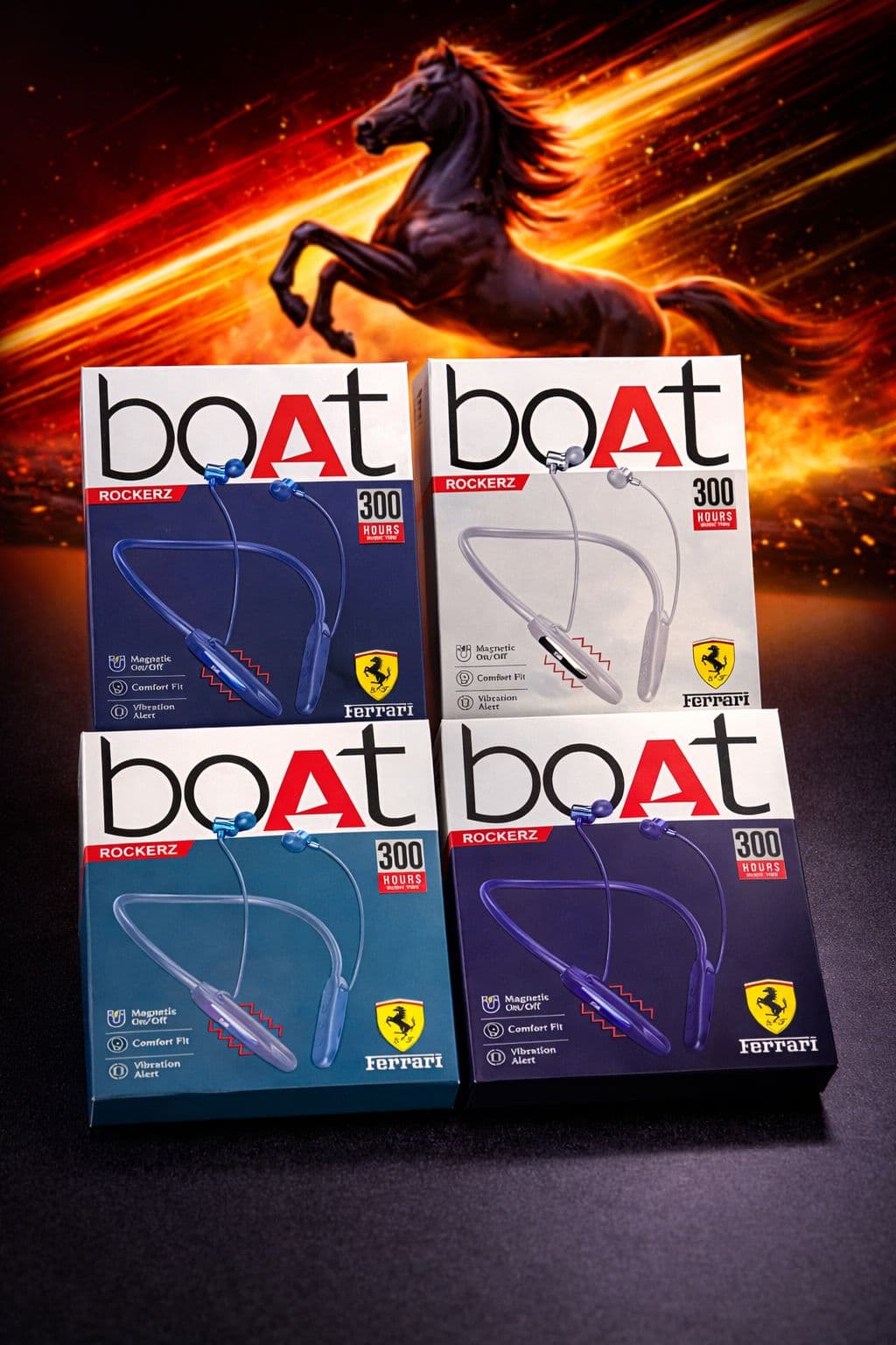 boAt Rockerz 300 Wireless Neckband Earphones – Ferrari Edition (Blue, 300 Hours Music Time, Magnetic On/Off, Vibration Alert)