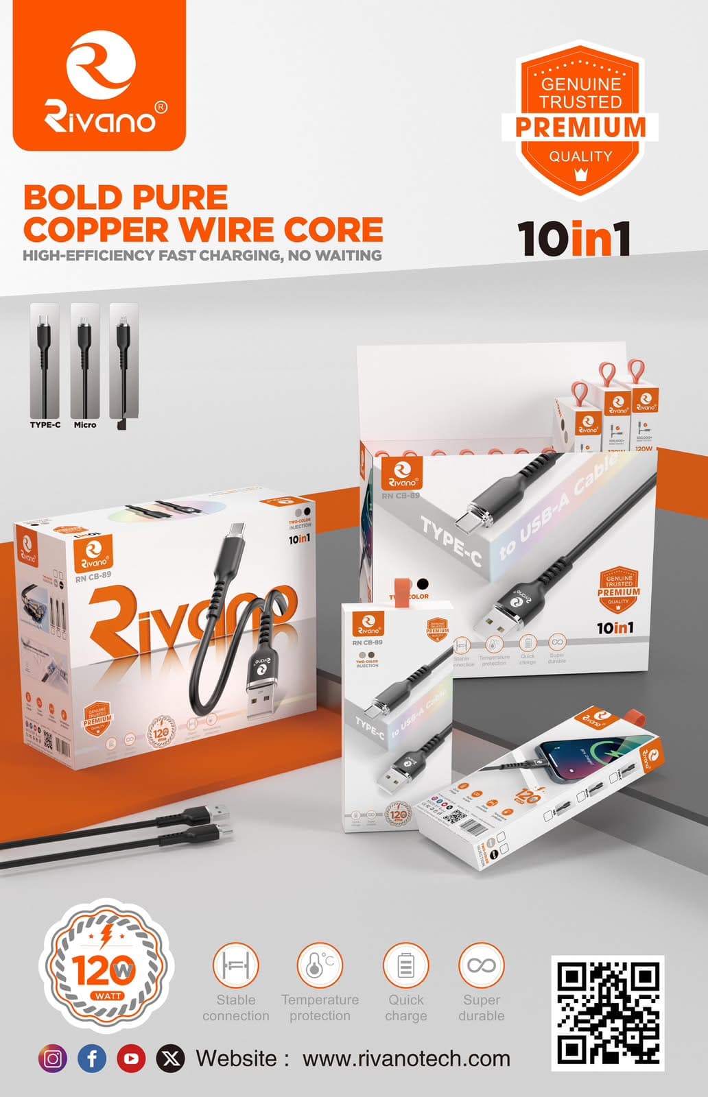 Rivano RN CB-89 120W USB to Type-C Silicone Fast Charging Cable (1000mm Length)