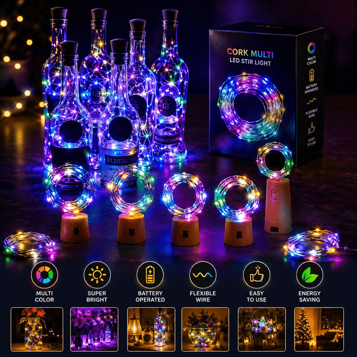 Cork Multi LED String Light – Battery-Operated Multi-Color Wine Bottle Fairy Lights with Flexible Wire for Home & Party Decor