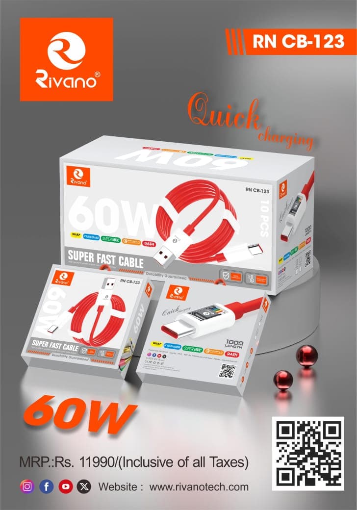 Rivano RN CB-123 – Tpe C 60W Super Fast Charging Cable