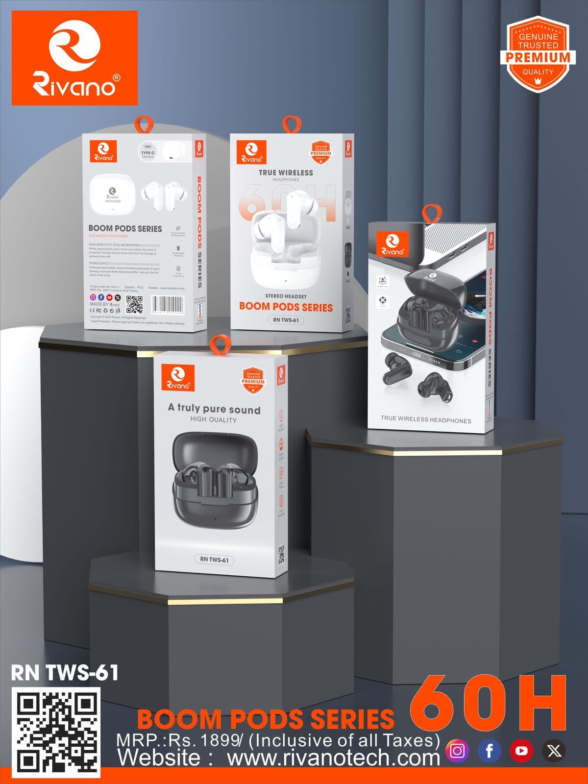 Rivano RN TWS-61 Boom Pods Series – 60 Hours Playtime Wireless Earbuds with Pure Sound Quality
