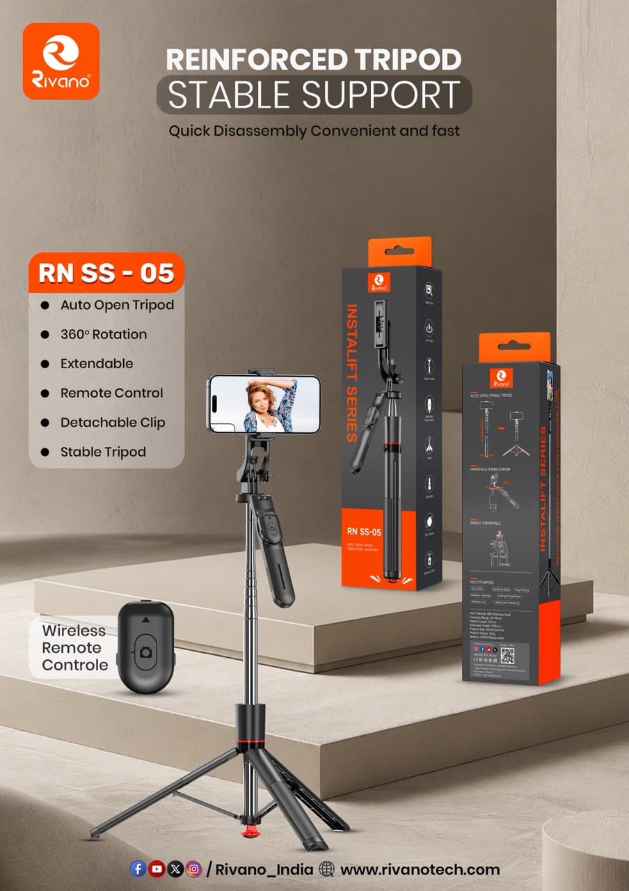 Rivano InstaLift Series RN SS-05 Auto Open Selfie Stick Tripod with Wireless Remote Control & Detachable Clip