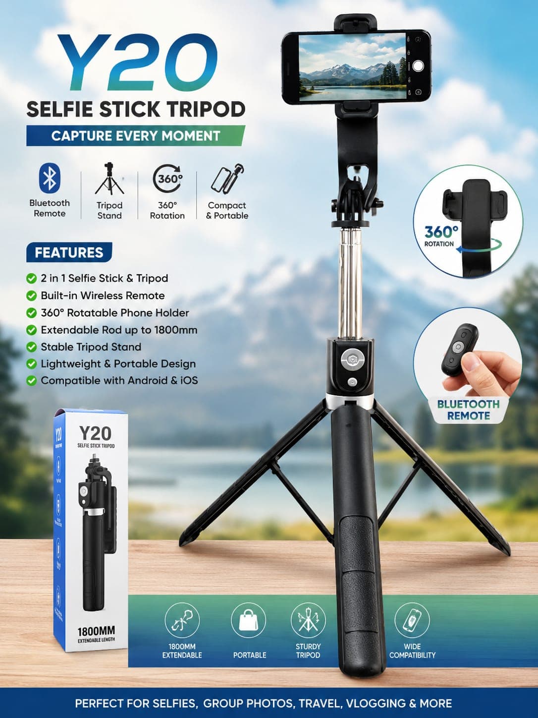Y20 SELFIE STICK TRIPOD WITH WIRELESS REMOTE