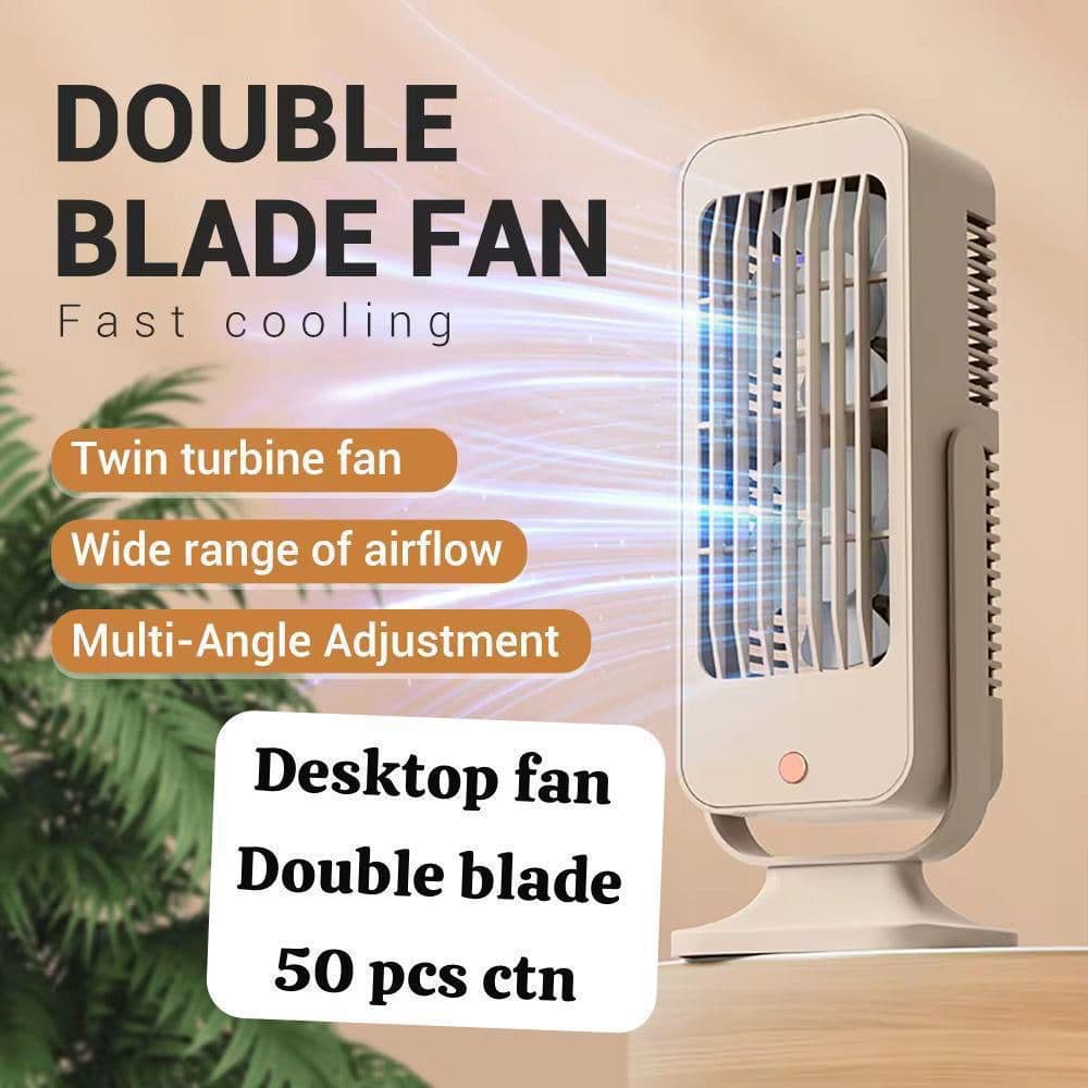 Twin Turbine Double Blade Desktop Fan – High-Velocity Fast Cooling Tower Fan with Wide Angle Airflow & Multi-Angle Adjustable Base