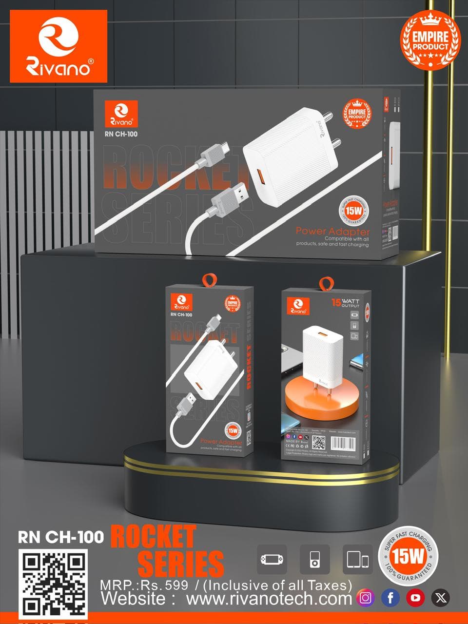 Rivano RN CH-100 Rocket Series 15W Fast Charger with Type C-USB Cable