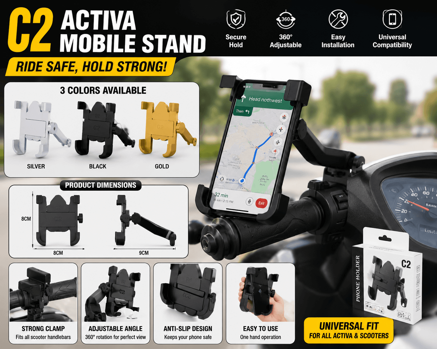 C2 Universal Scooter Mobile Holder | 360° Adjustable Anti-Slip Stand