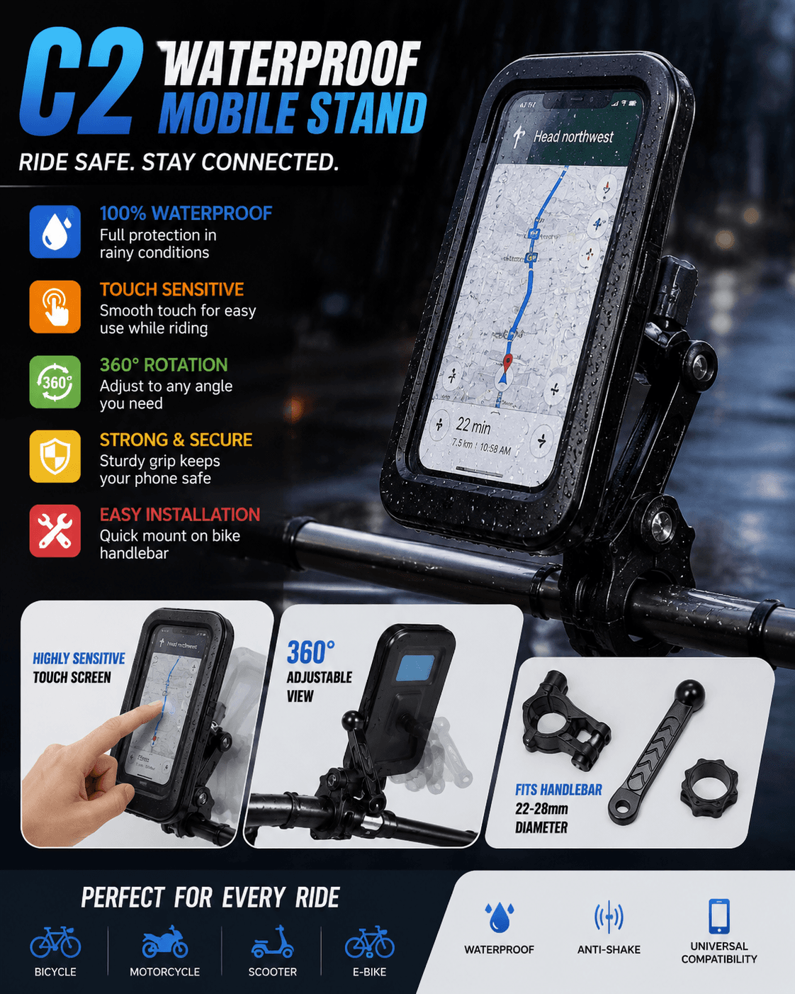 C2 Waterproof Activa Mobile Stand – Ride Safe, Stay Connected!