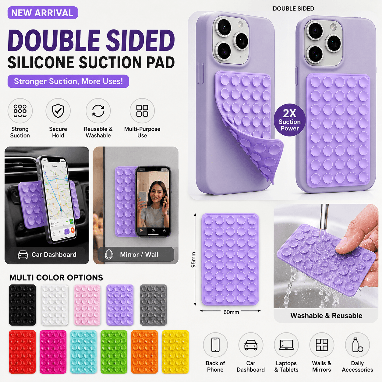 Universal Silicone Suction Cup Phone Mount – Double -Sided Adhesive Mobile Holder for Mirror, Shower & Smooth Surfaces