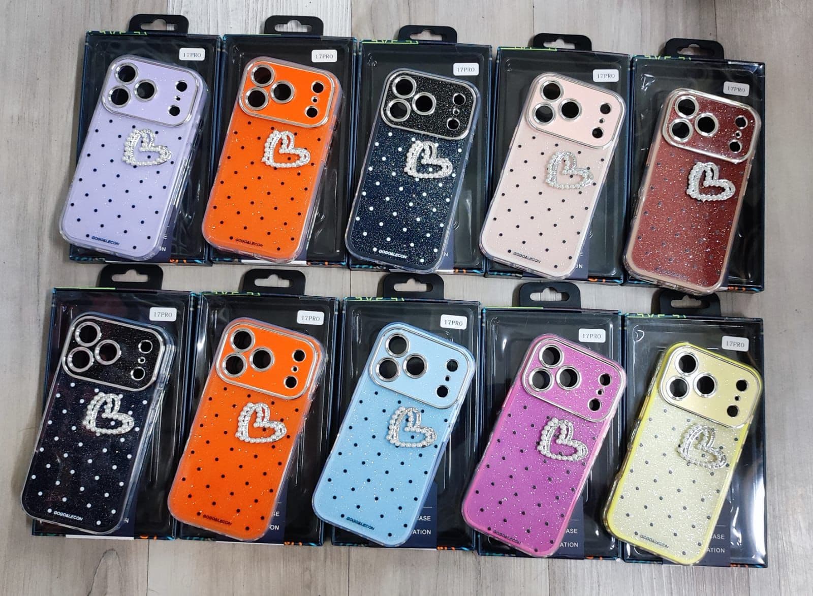 PEARL HEART POLKA DOTT SHOMMER CASE WITH REMOVABLE BUMPER FRAME WITH CHROME CAMERA RING — Model: IP 15 PRO