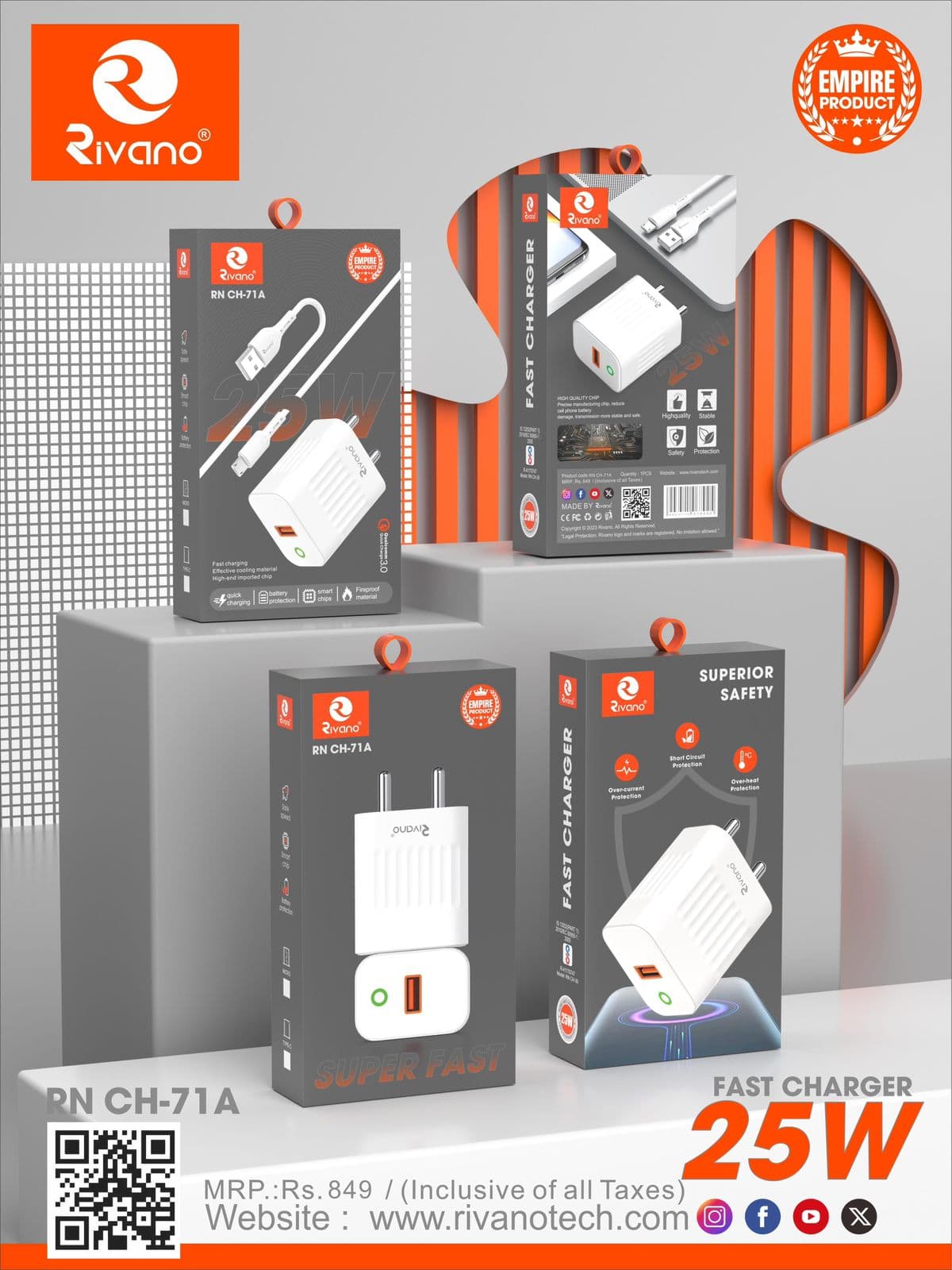 Rivano RN CH-71A 25W Super Fast Charger with Micro-USB (V8) Cable – Smart Chip Technology & Over-Heat Protection