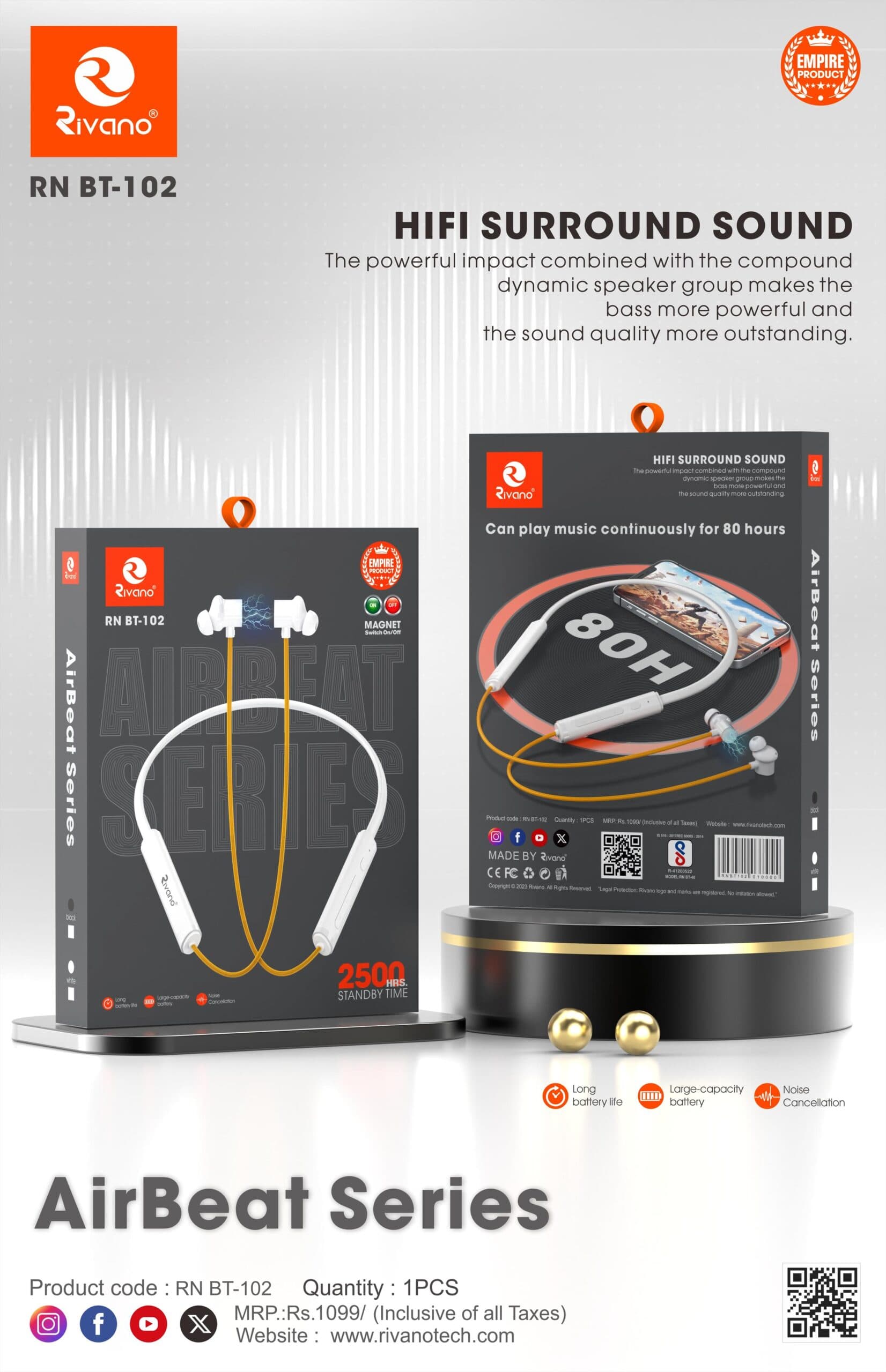 Rivano RN BT-102 AirBeat Series Wireless Neckband – 80 Hours Playtime, HiFi Surround Sound, & Magnetic Earbuds