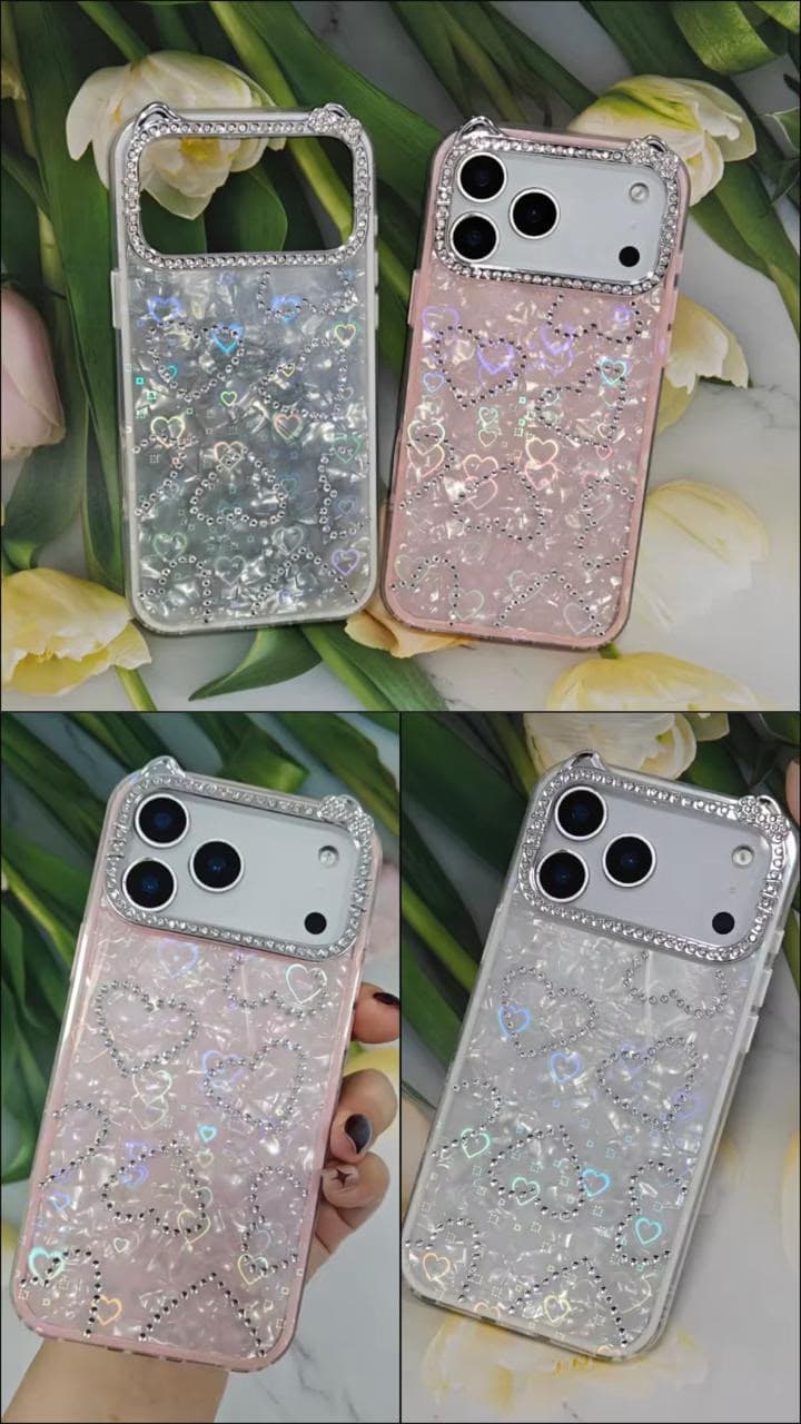 NEW ARRIVAL KOREAN STYLE IRIDESCENT LOVE HEART CASE PINK AN WHITE — Model: IP 15