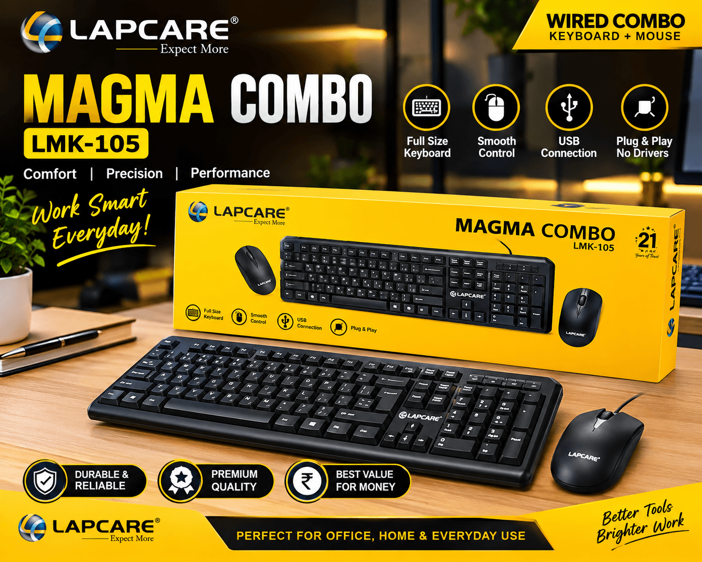 Lapcare Magma Combo LMK-105 Wired Keyboard & Mouse Set (Full Size Keyboard, USB Connection, Plug & Play, No Drivers Required)