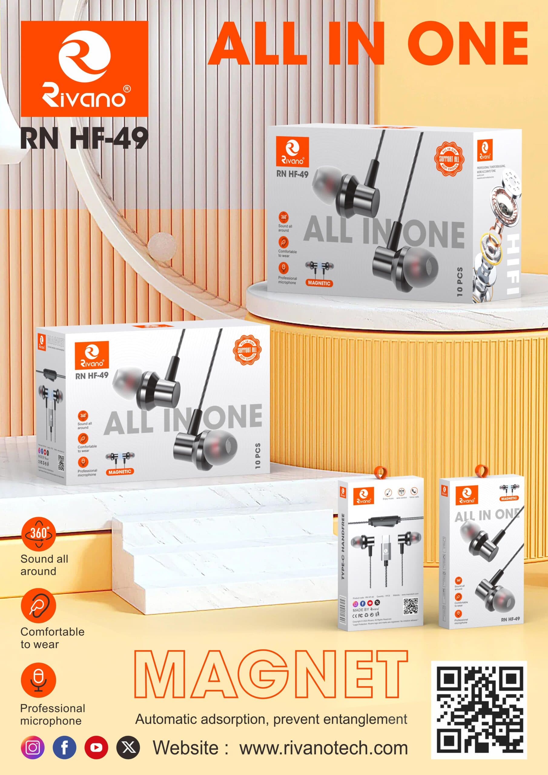 Rivano RN HF-49 Type-C Wired Earphones – Magnetic Adsorption with Professional Microphone