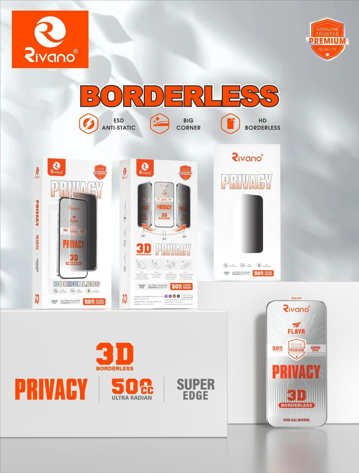 Rivano 500CC Borderless 3D Privacy Tempered Glass – Ultra Radian Screen Protector with Super Edge & ESD Anti-Static (Single Pack) — Model: IP 13