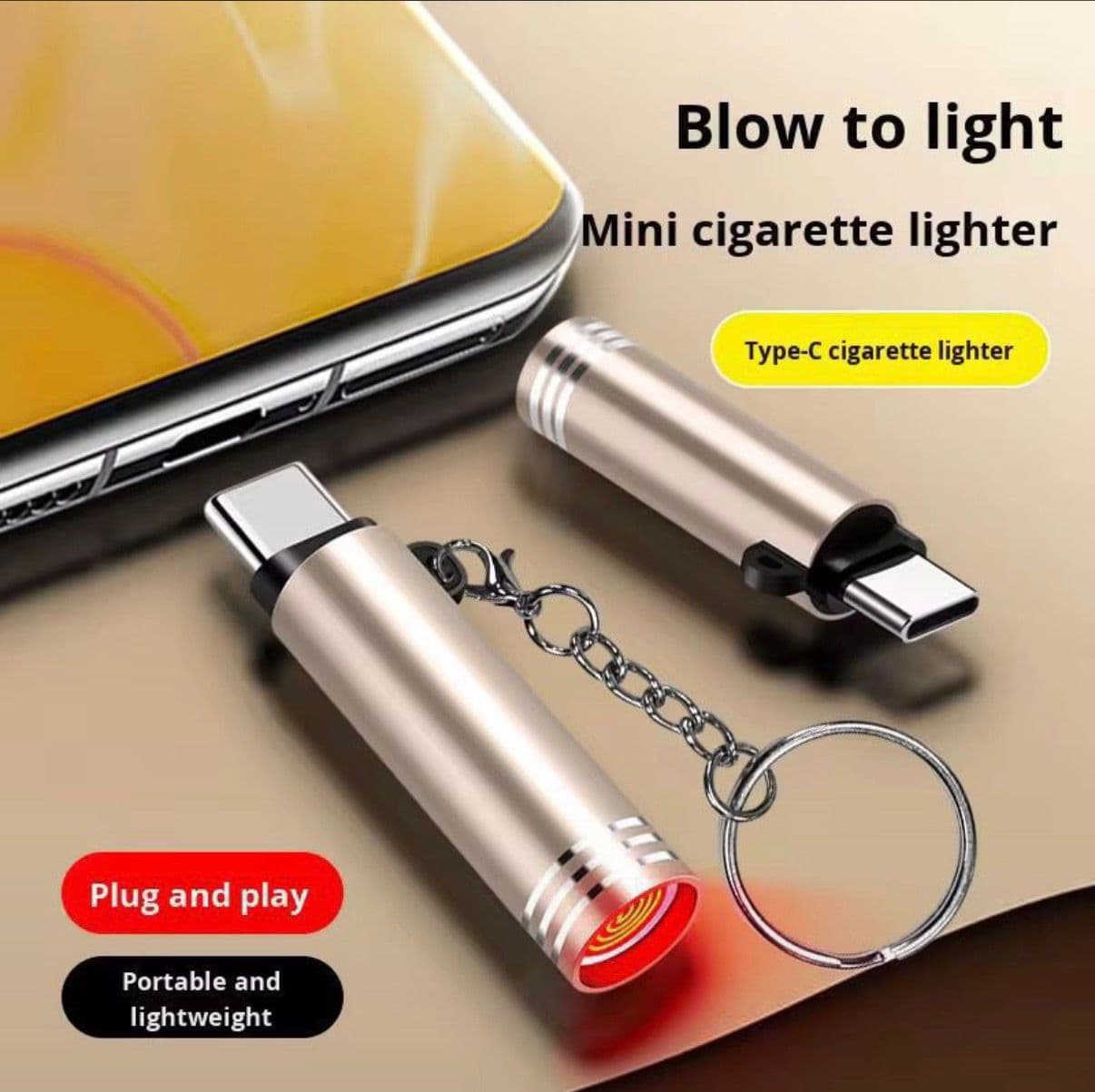 Portable USB Type-C Mini Cigarette Lighter – Blow-to-Light, Plug-and-Play Keychain Lighter