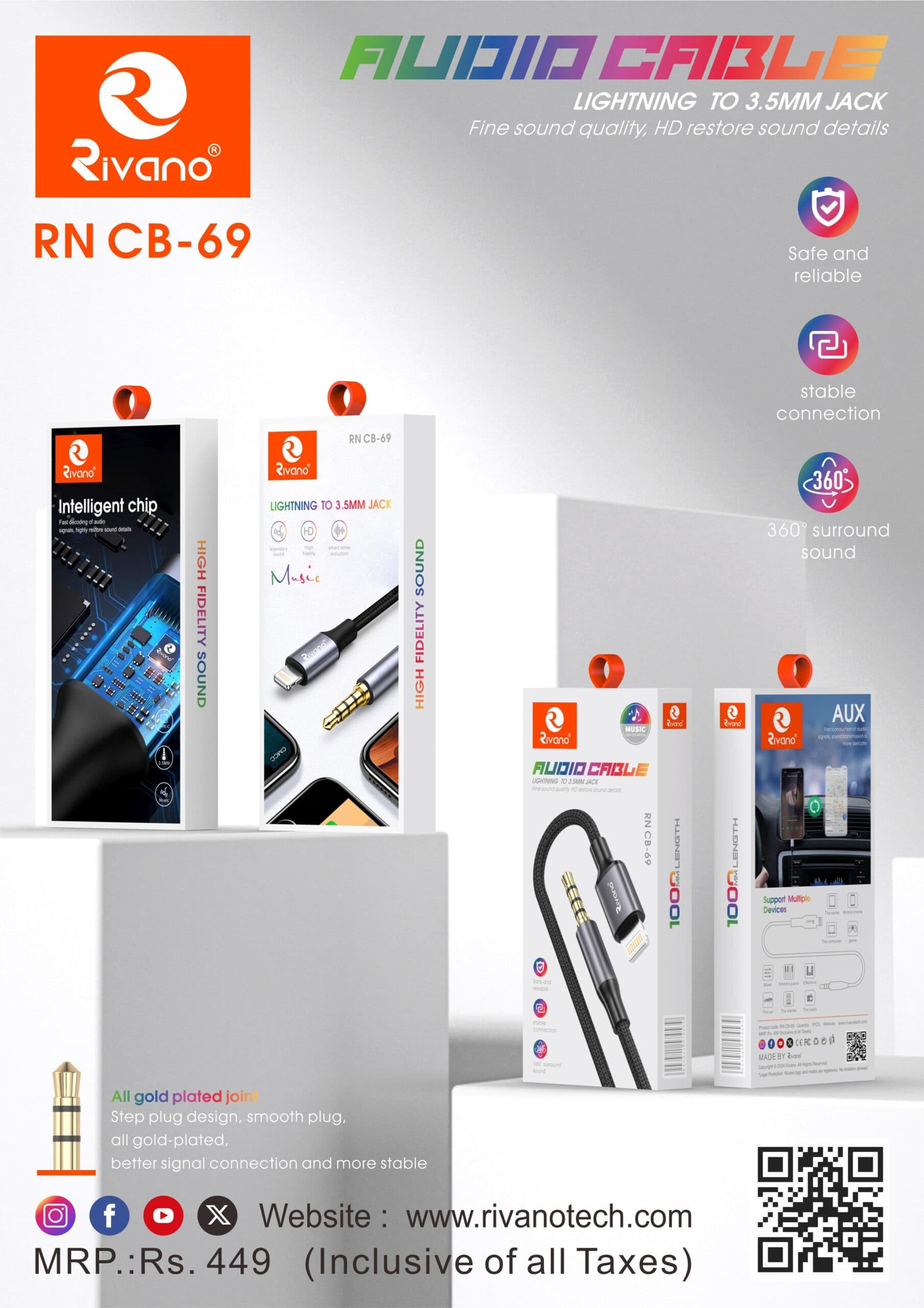RIVANO RN CB-69 IPHONE TO 3.5MM AUDIO AUX CABLE