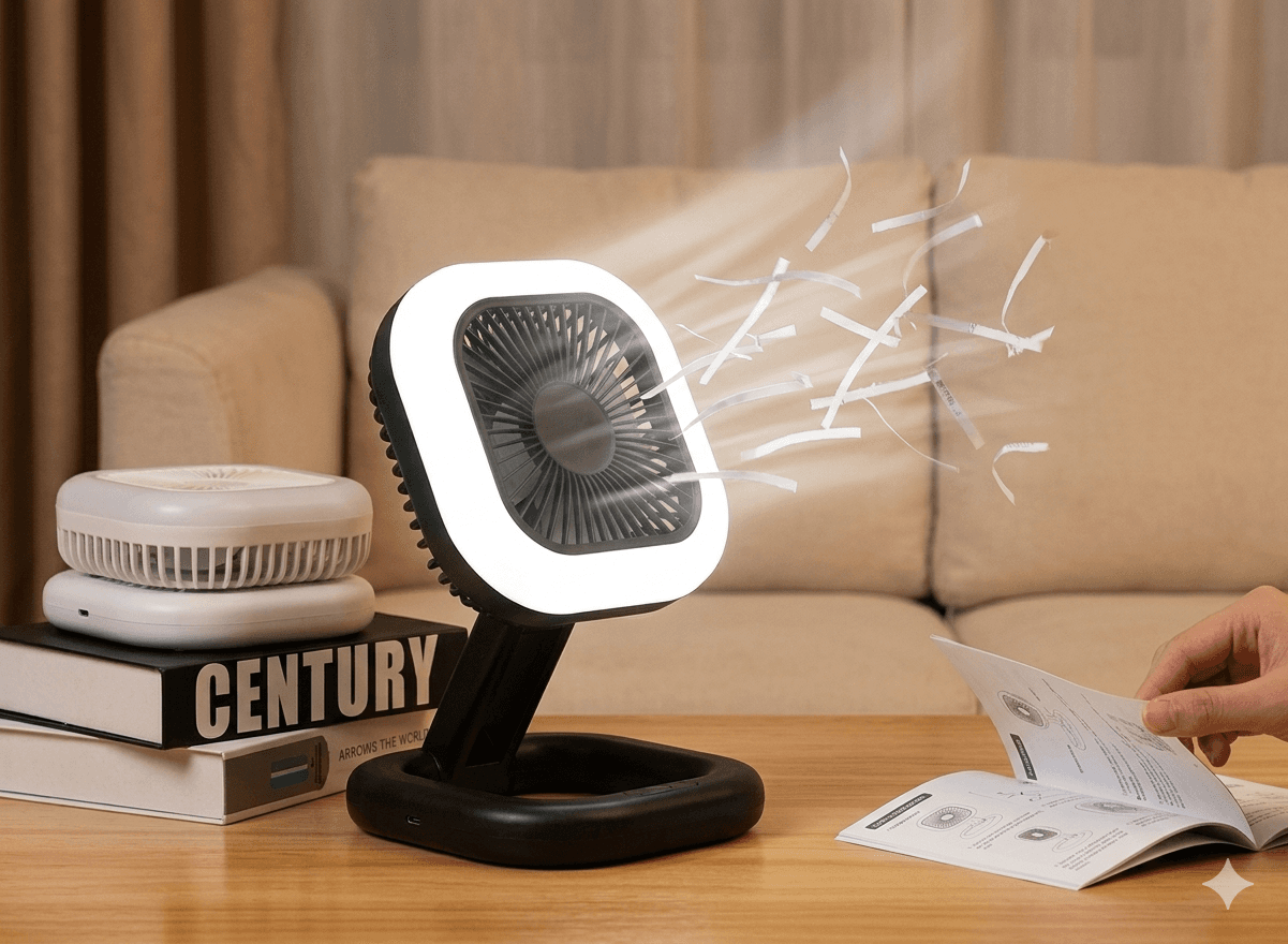 3-in-1 Foldable Rechargeable Table Fan with LED Ring Light | Portable Hanging Fan for Study, Office & Outdoor | Adjustable Speed Multi-Utility Fan