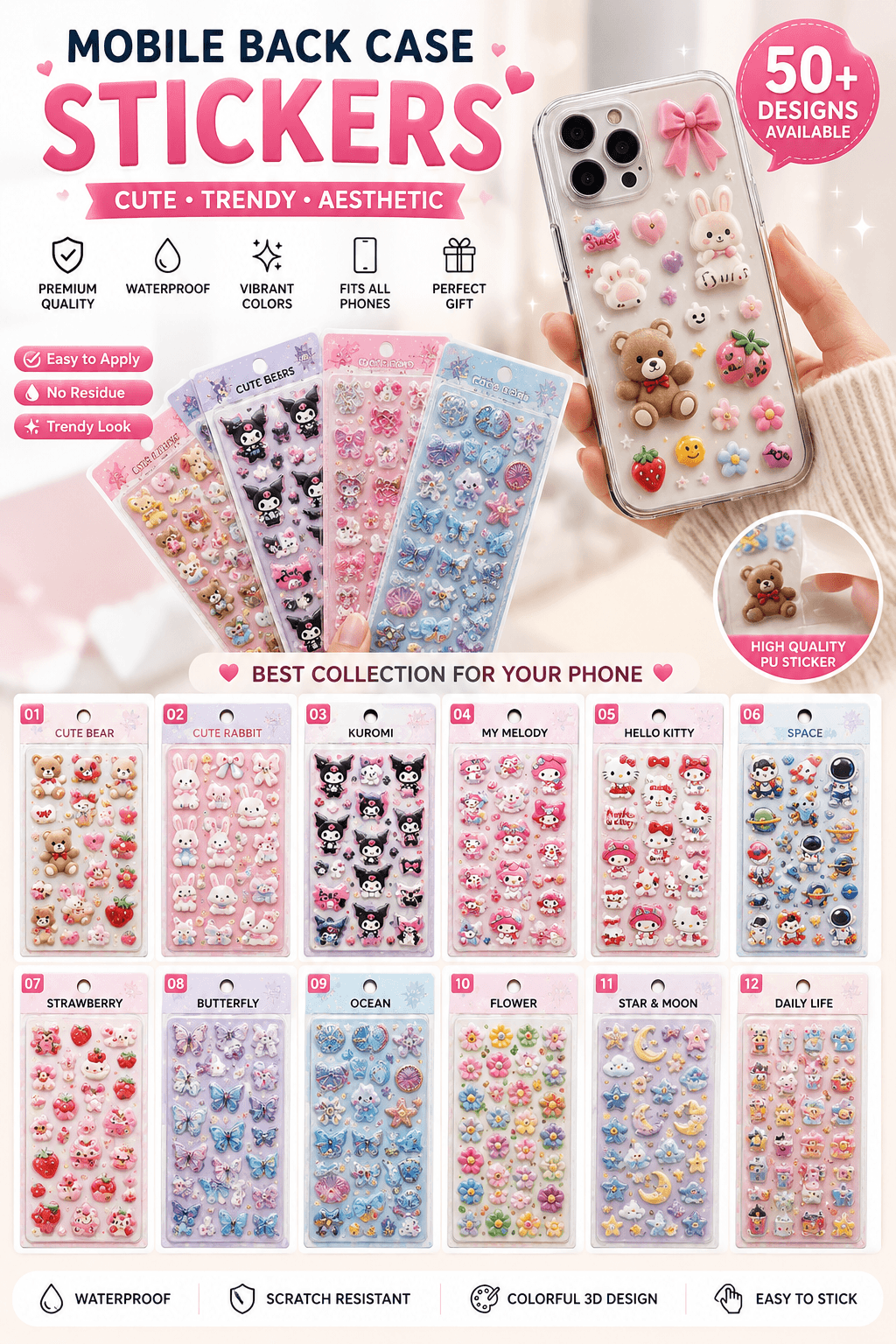 Cute 3D Mobile Back Case Sticker Pack – Sheet of Kawaii Cartoon & Floral Waterproof PU Stickers for DIY Phone Case Decoration