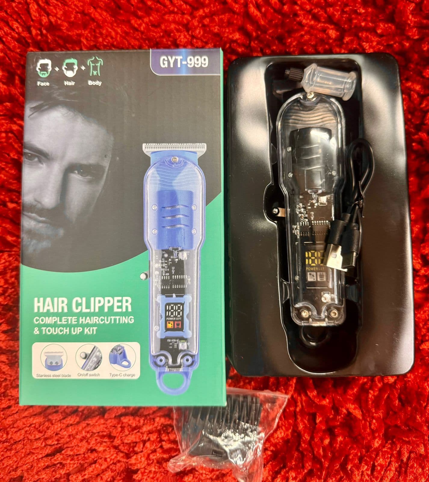 GYT-999 Professional Transparent Hair Clipper – Type-C Rechargeable Trimmer with LCD Display