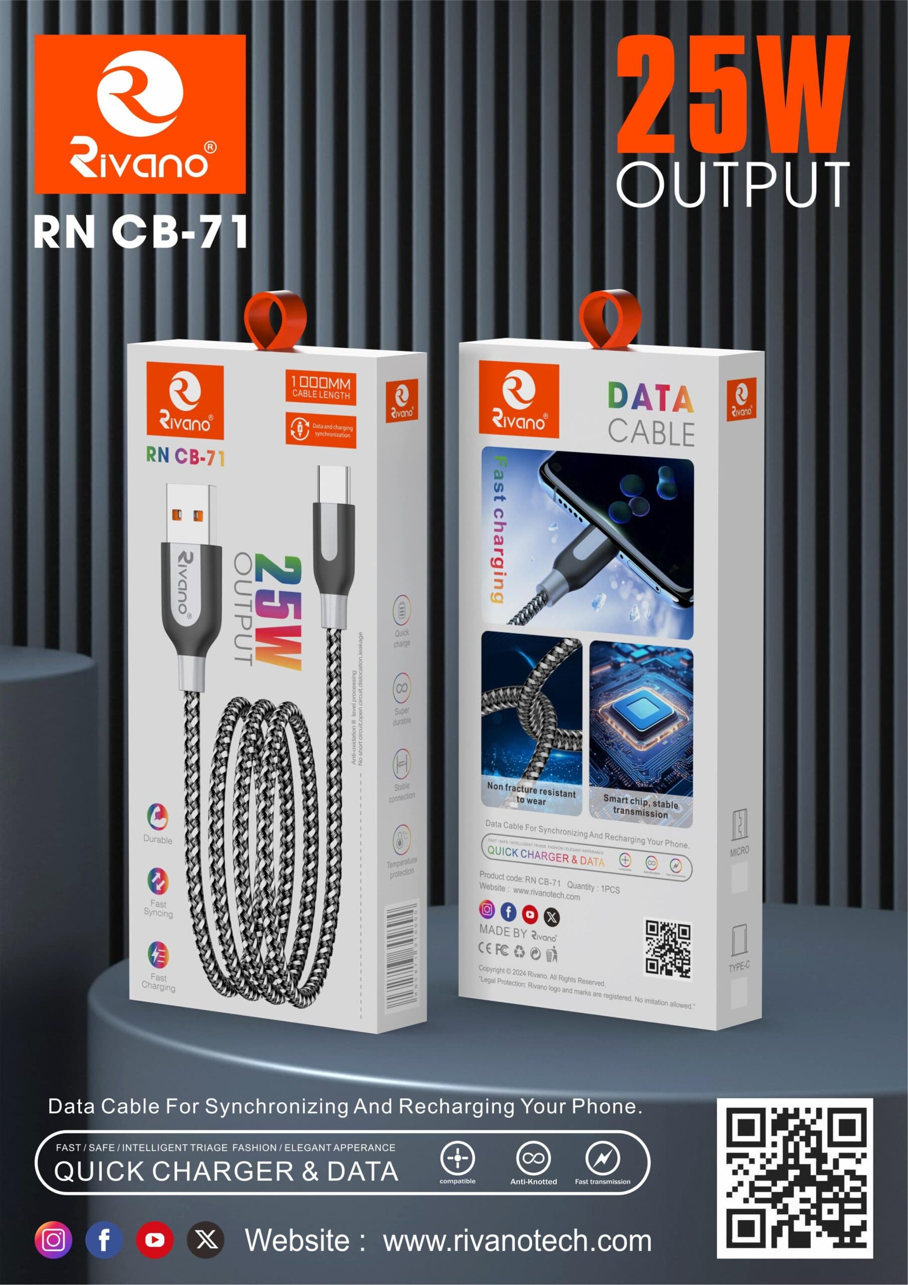 RIVANO RN CB-71 V8 25W OUTPUT FAST SYNCING DURABLE FAST CHARGING CABLE