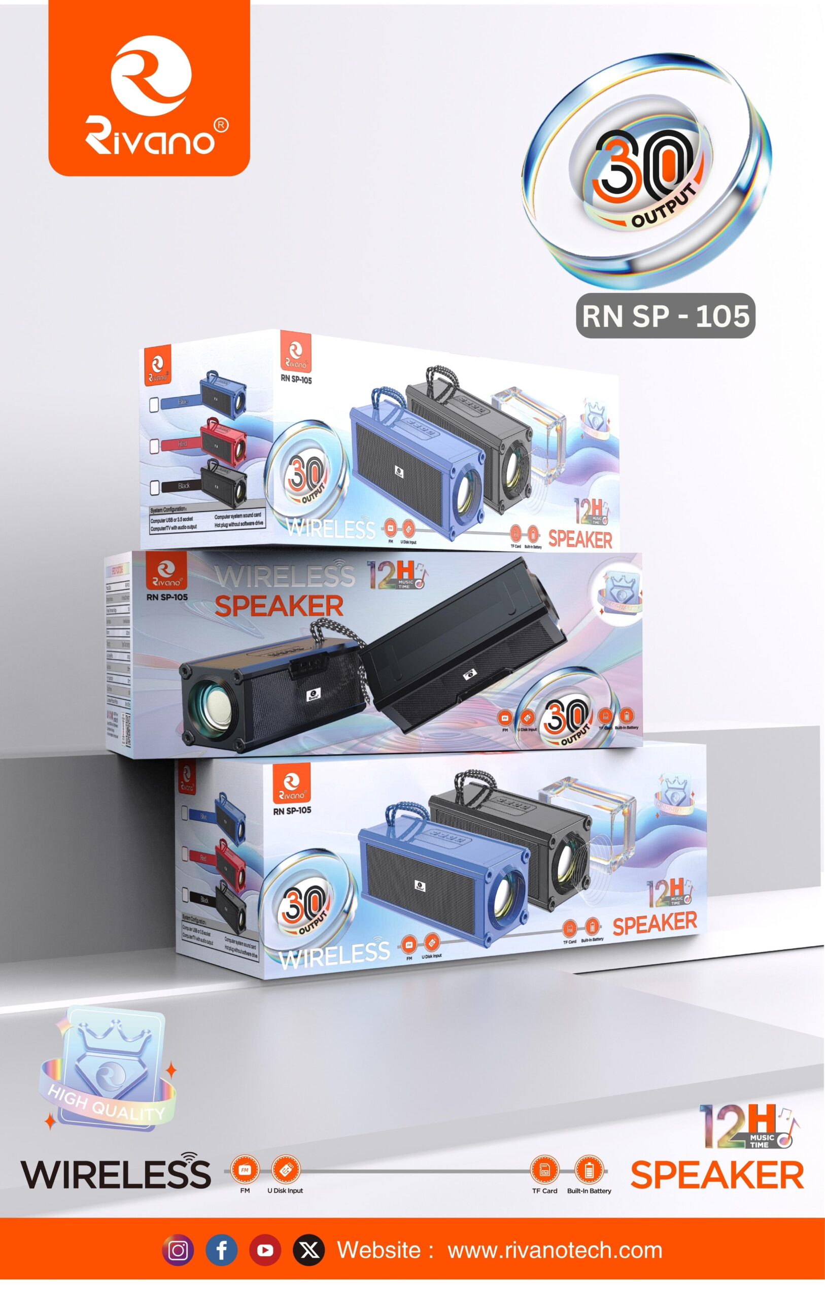 Rivana RN SP-105 High-Power Wireless Speaker - 30W Output, 12H Playtime, TWS Stereo Ready