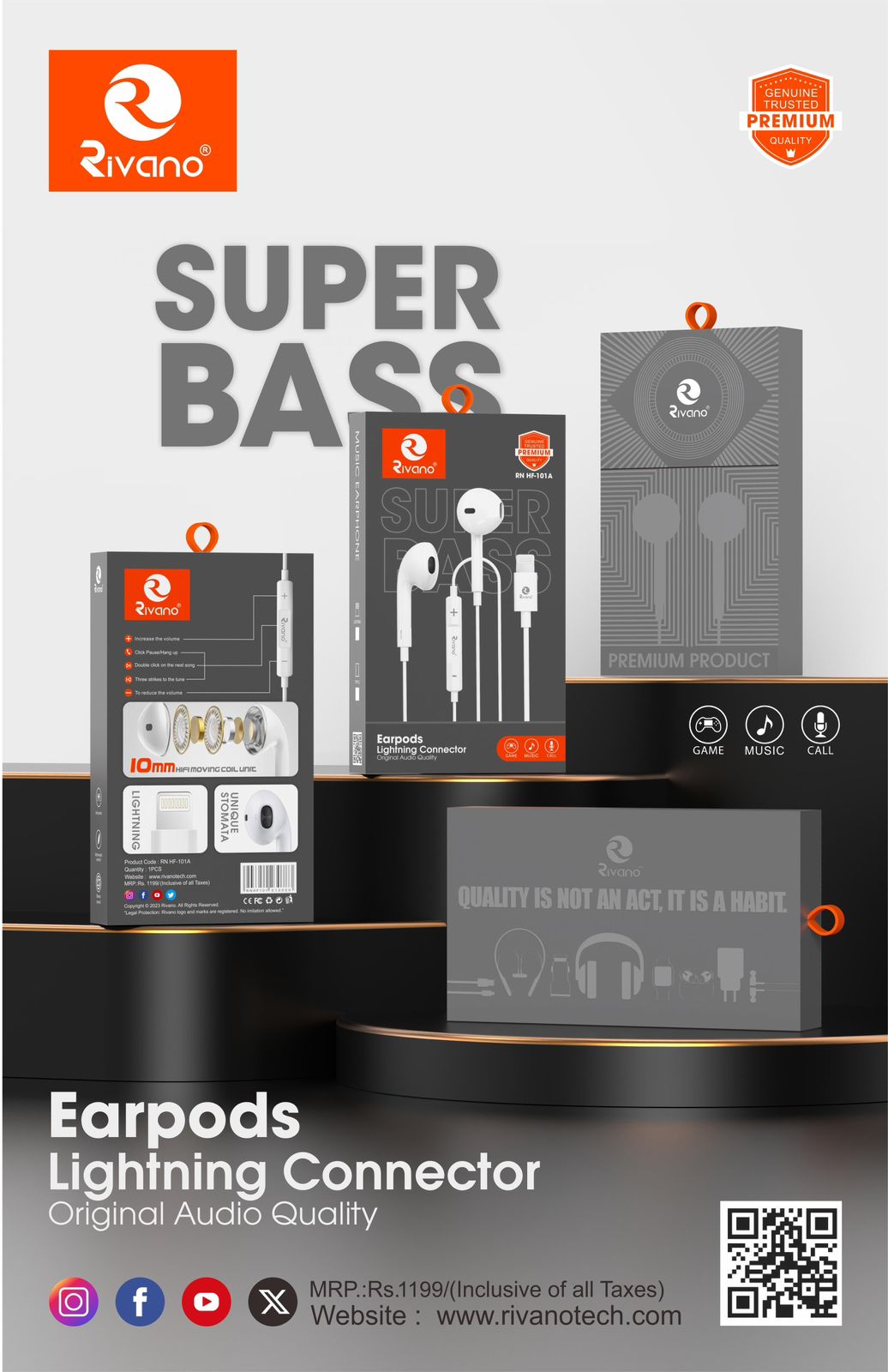 Rivano RN HF-101A Earpods with Lightning Connector - Super Bass, Built-in Mic & Volume Control