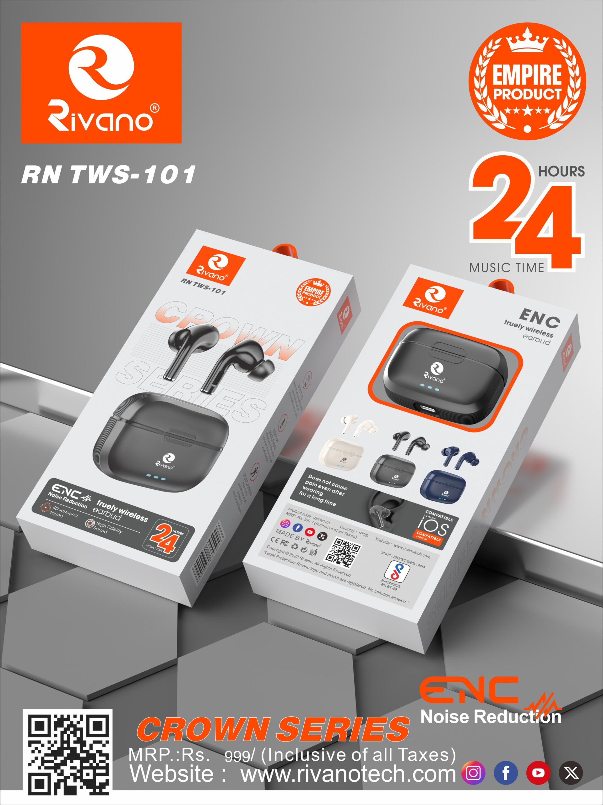 Rivano RN TWS-101 Crown Series Wireless Earbuds – 24 Hours Music Time, ENC Noise Reduction, iOS Compatible