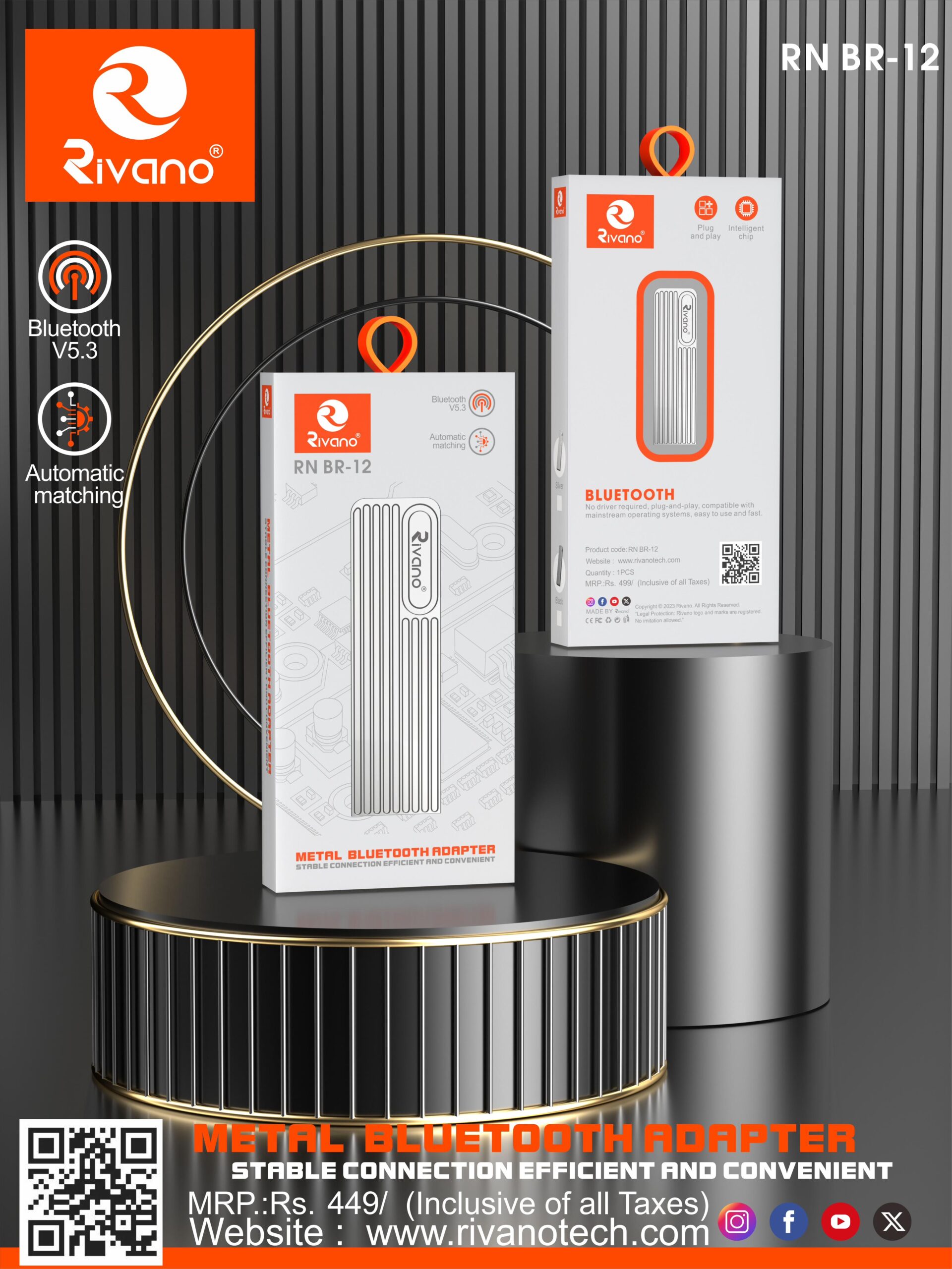 Rivano RN BR-12 Metal Bluetooth V5.3 Adapter – Plug and Play USB Receiver with Intelligent Chip & Automatic Matching