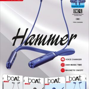 boAt Hammer Wireless Neckband Earphones with 240H Playtime, ENC, Type-C Fast Charging, Magnetic On/Off, and Voice Changer – Blue