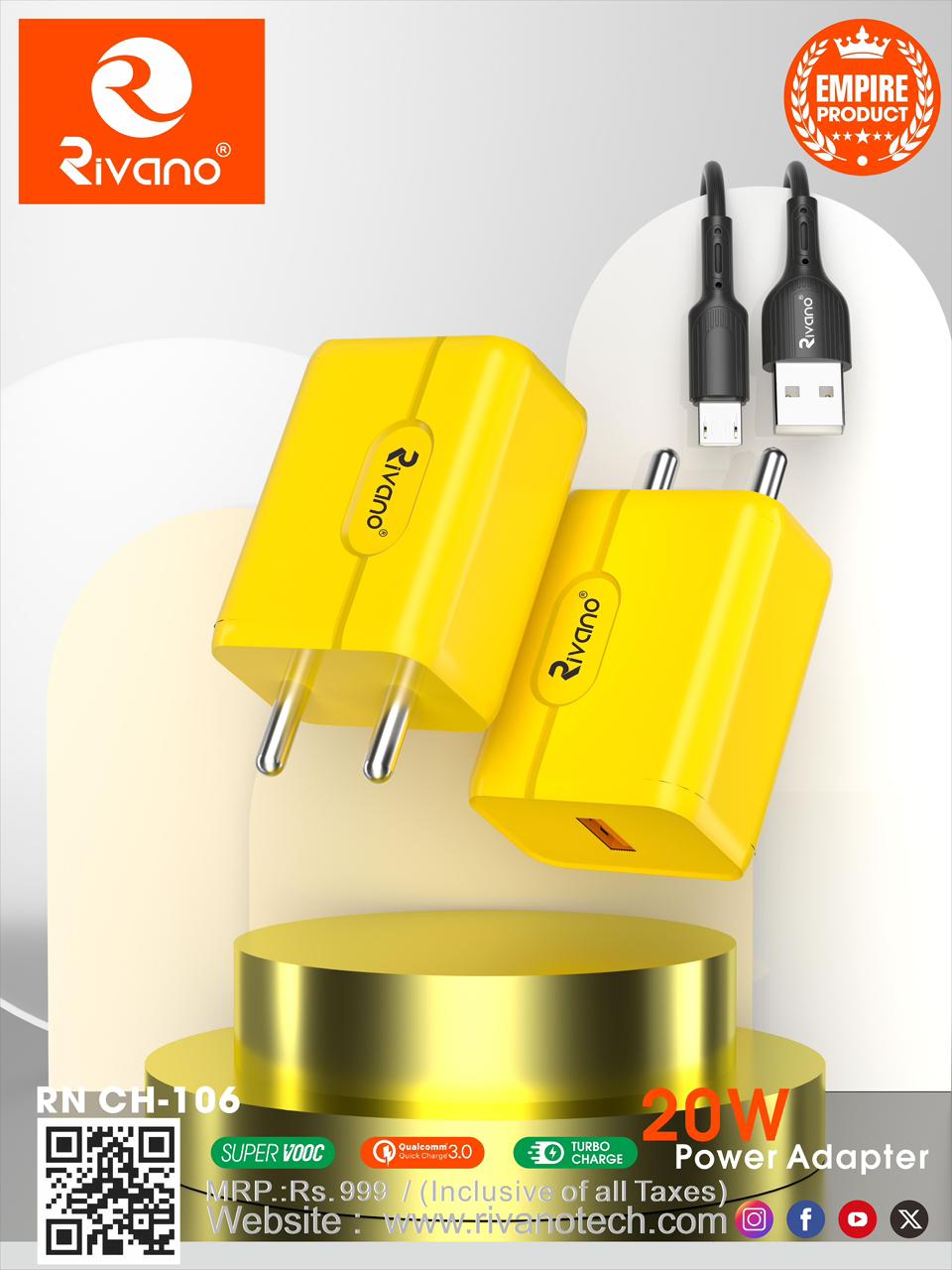 Rivano RN CH-106 Shock Wave 20W Fast Charger with Type-C Cable – QC 3.0 & Turbo Charge Technology - Image 2