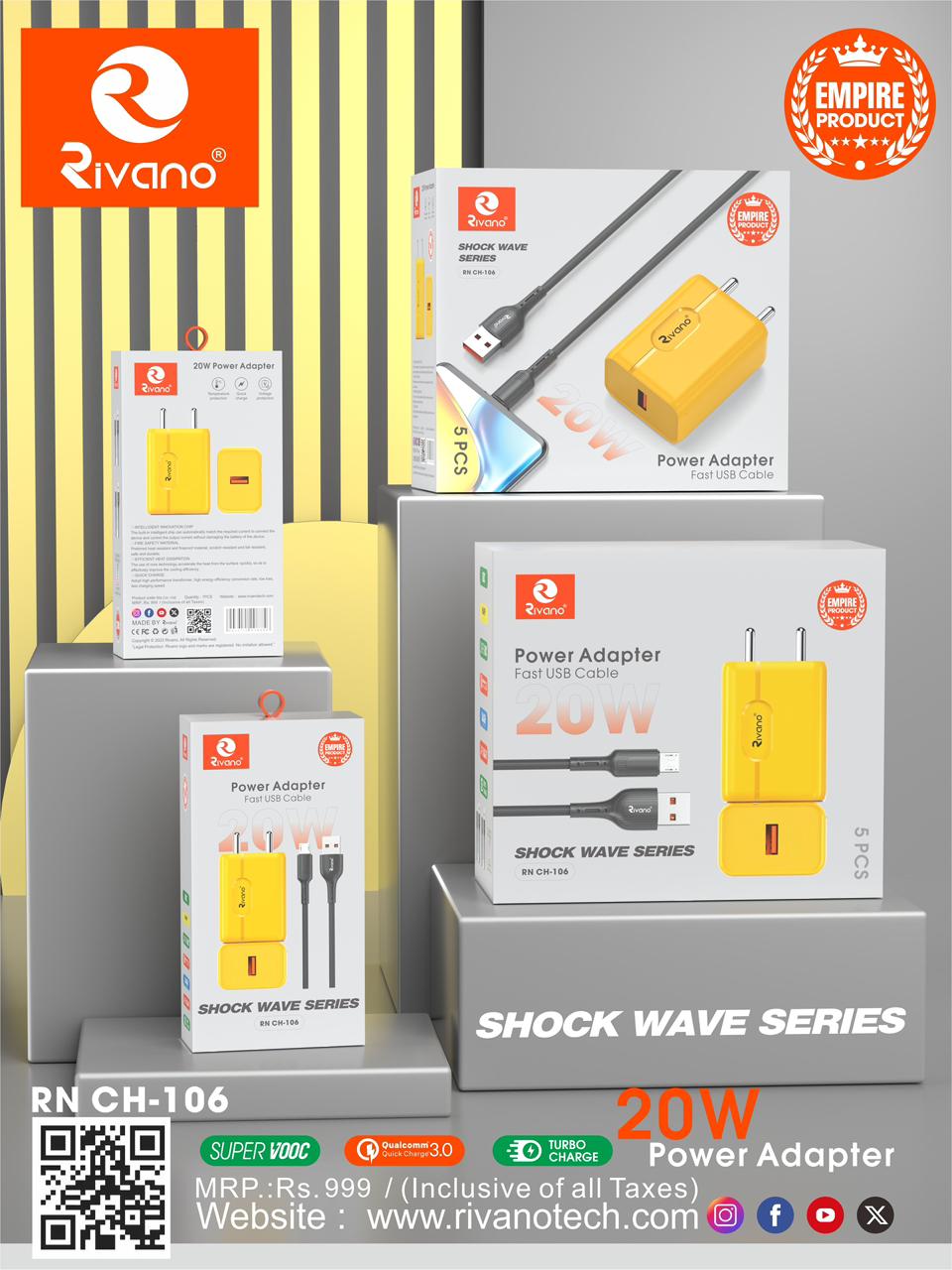 Rivano RN CH-106 Shock Wave 20W Fast Charger with Type-C Cable – QC 3.0 & Turbo Charge Technology