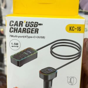 KC-16 22.5W Fast Car USB Charger – 7 Multi-Port Hub (4 Type-C + 3 USB) with 1.5M Extension Cable & 7-Color LED Light