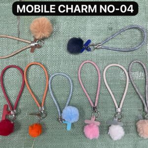 04 Faux Fur Pom Pom Phone Wristlet - Shimmer Cord Mobile Strap with Soft Plush Charm - Universal Hand Lanyard